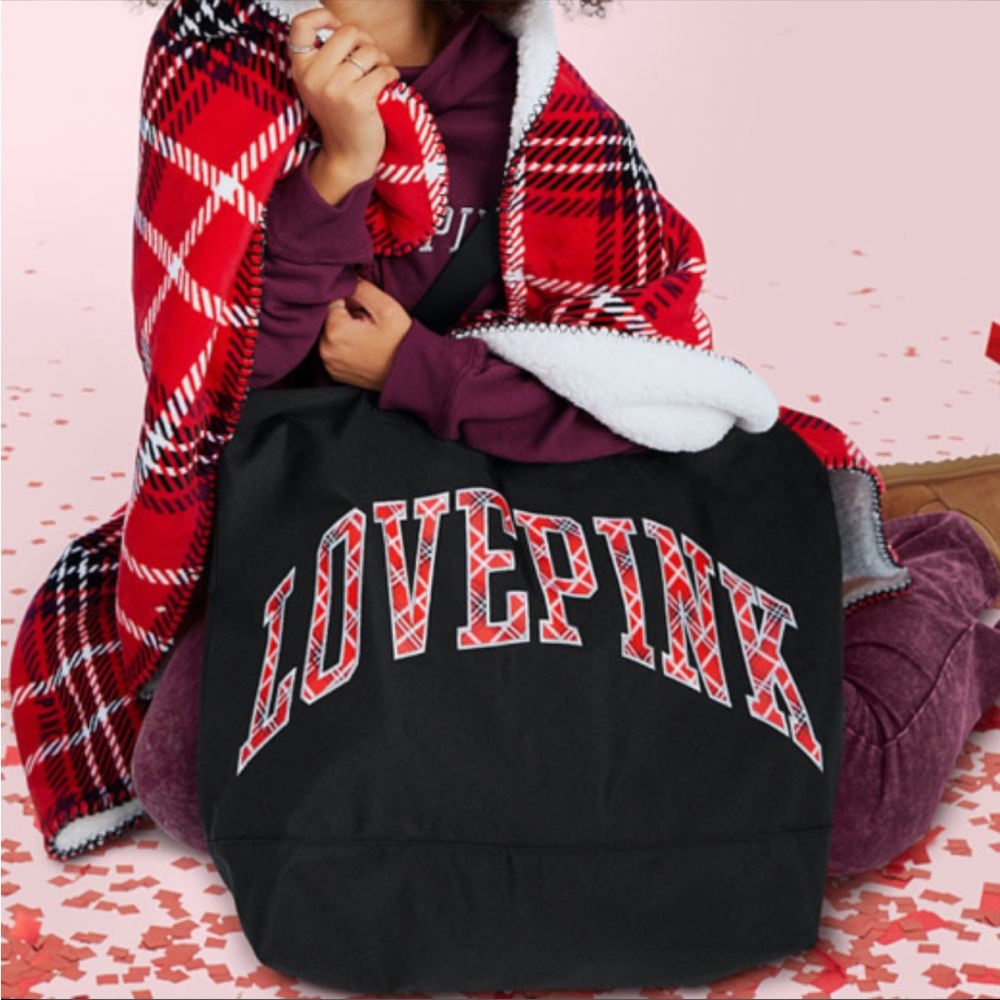 NWT Victoria’s Secret Red Plaid Plush Fleece Blanket and Black Canvas Tote Bag